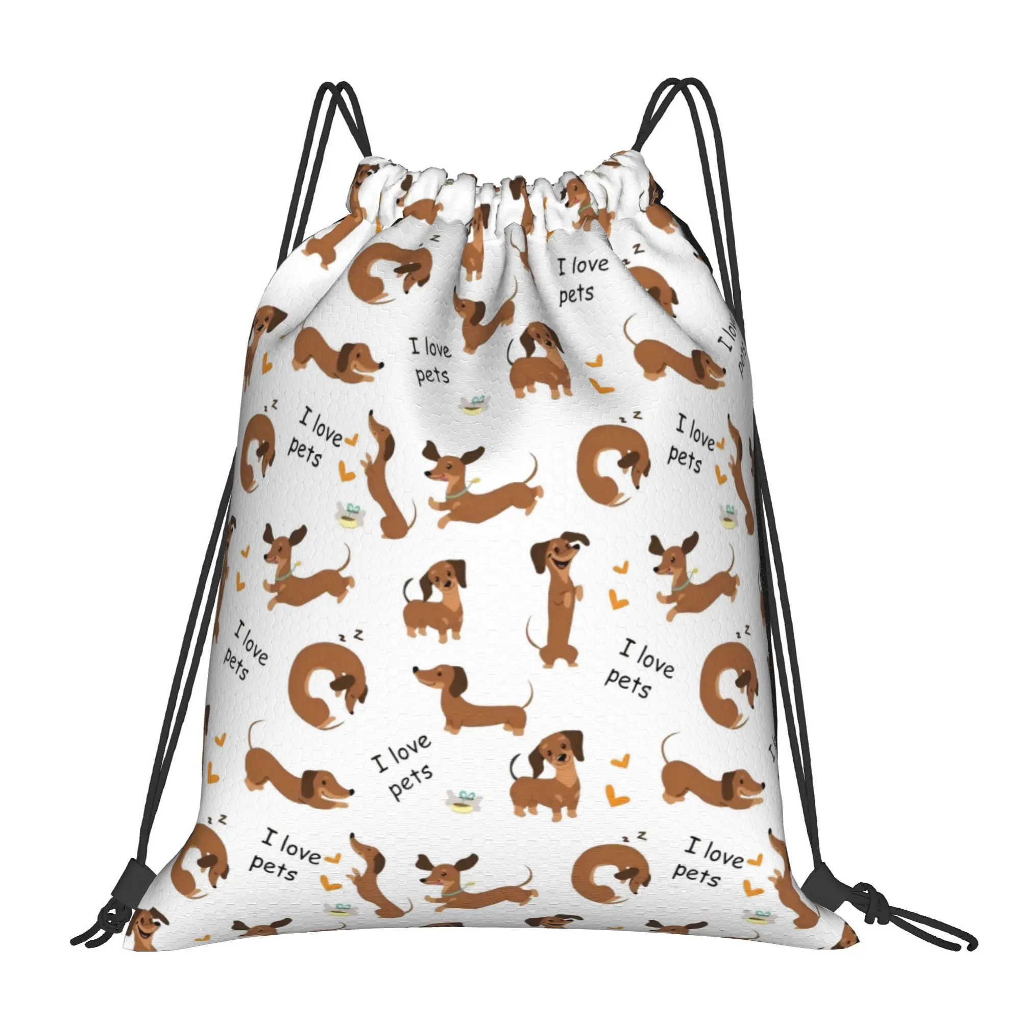 Dachshund I Love Pets Drawstring Backpack Sports Sackpack Water Resistant Dogs Animal String Bag for Hiking 36cm (W) x 43cm (H)