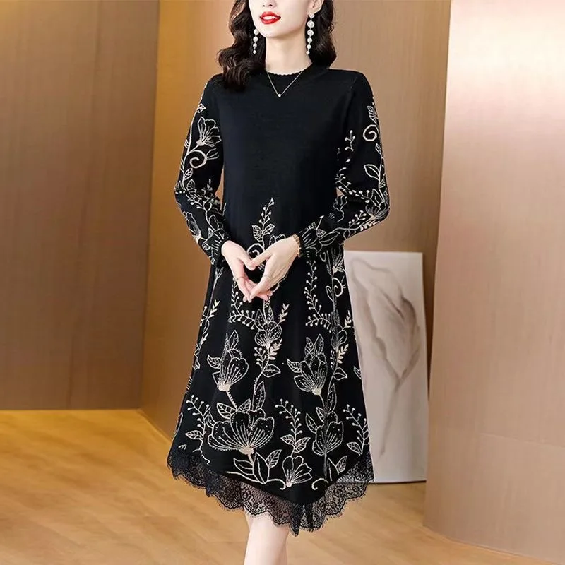 Autumn Winter Blue Floral Knitted Woolen Pullovers Women Luxury Chic Lace Ruffled Sweaters 2024 Black Elegant Casaul Sweaters