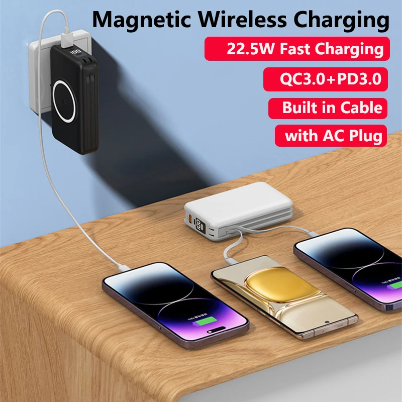 20000mAh Magsafe Power Bank with Cable AC Plug Wall Charger 22.5W Wireless Fast Charger for iPhone 16 Xiaomi Samsung Powerbank