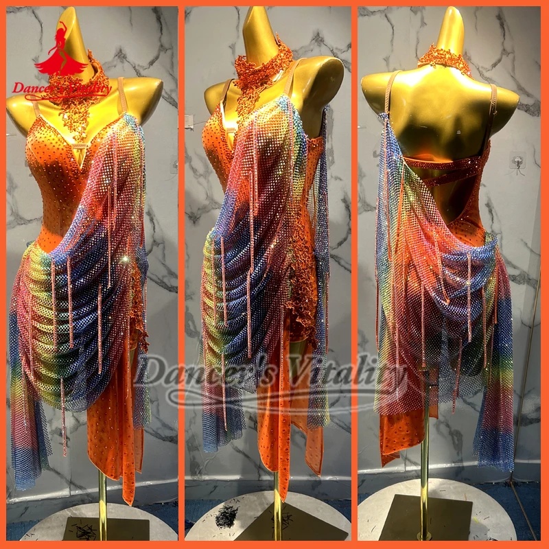 

Женские сетчатые платья на бретельках без рукавов для соревнований по латинским танцам, индивидуальный наряд для взрослых и детей, танго, самба, румба, чача