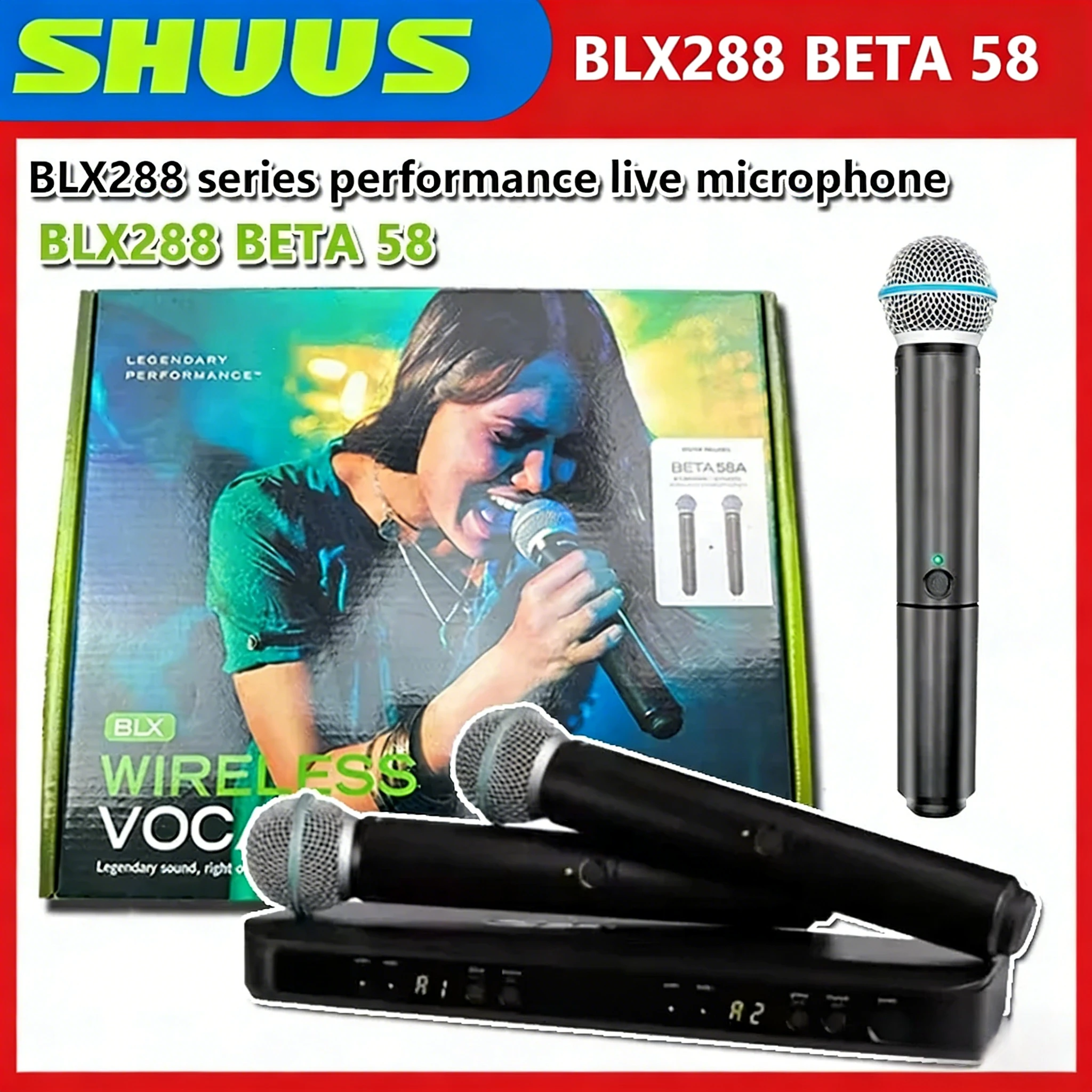 

Беспроводная цифровая микрофонная система Top BLX288 BETA58 UHF с двумя ручными суперкардиоидными передатчиками для живых выступлений и караоке