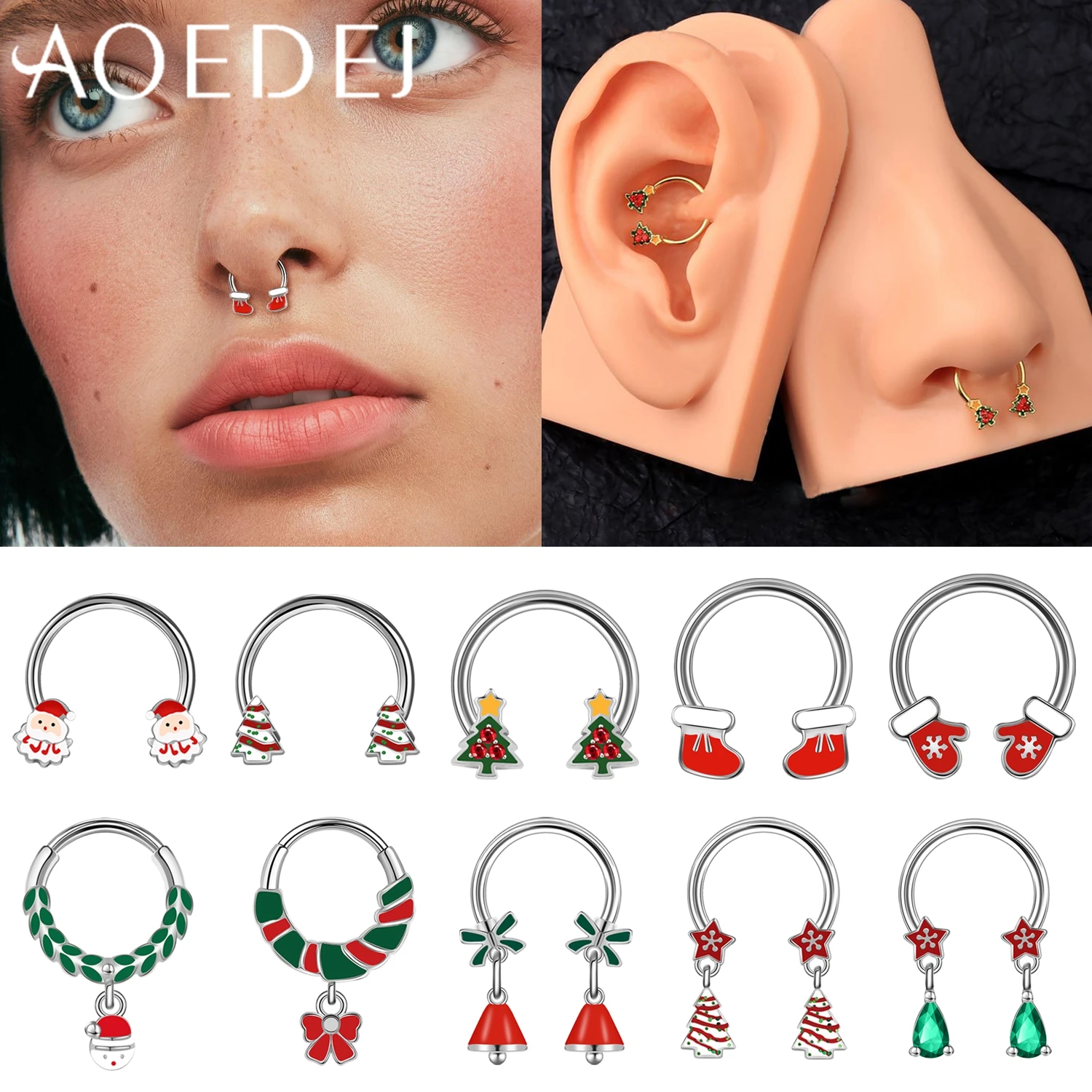 AOEDEJ 1 PC Christmas Series 16G Stainless Steel Septum Ring 10MM Nose Rings Santa Claus Shape Helix Cartilage Piercings Jewelry