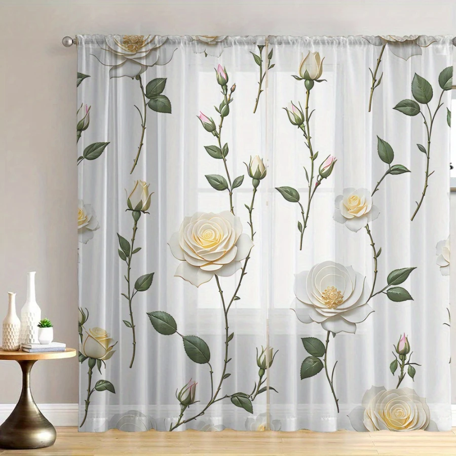 2PCS Digital Print Sheer Curtains, Lovely Branch White Roses, Elegant Minimalist Floral Style for Bedroom Living Room Home Decor