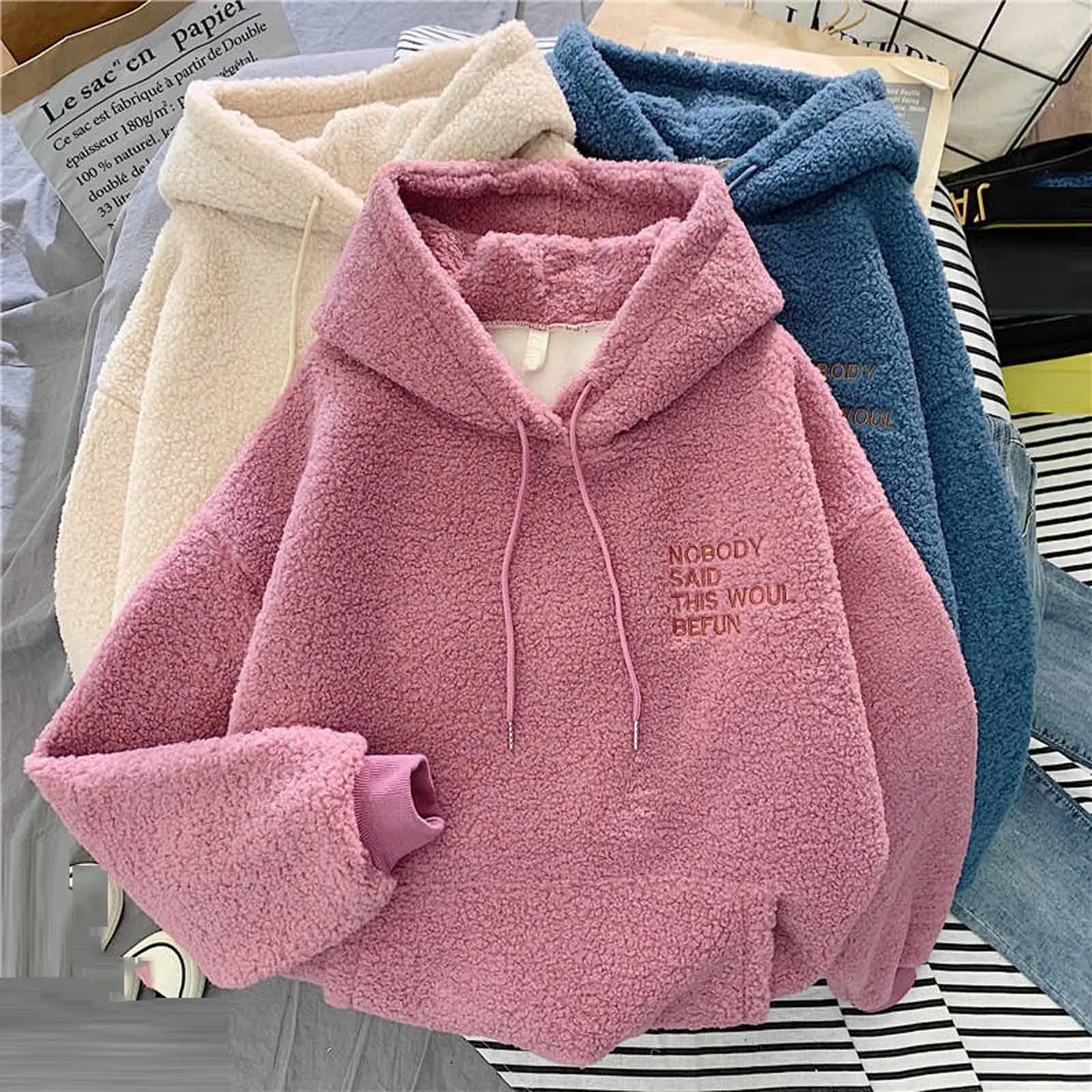 Fluffy Hoodie Top Women Casual Hooded Pullovers V Neck Fleece Sweatshirt Loose Warm Autumn Winter Pullover Top Ropa De Mujer