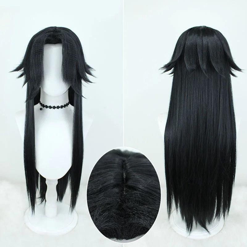 Genshin Impact Kapitein Cosplay Pruik Xiangyu Chen Lang Haar Teyvat's Chief Kapitein Zwart Omgekeerd Krullend Gelaagd Lang Haar