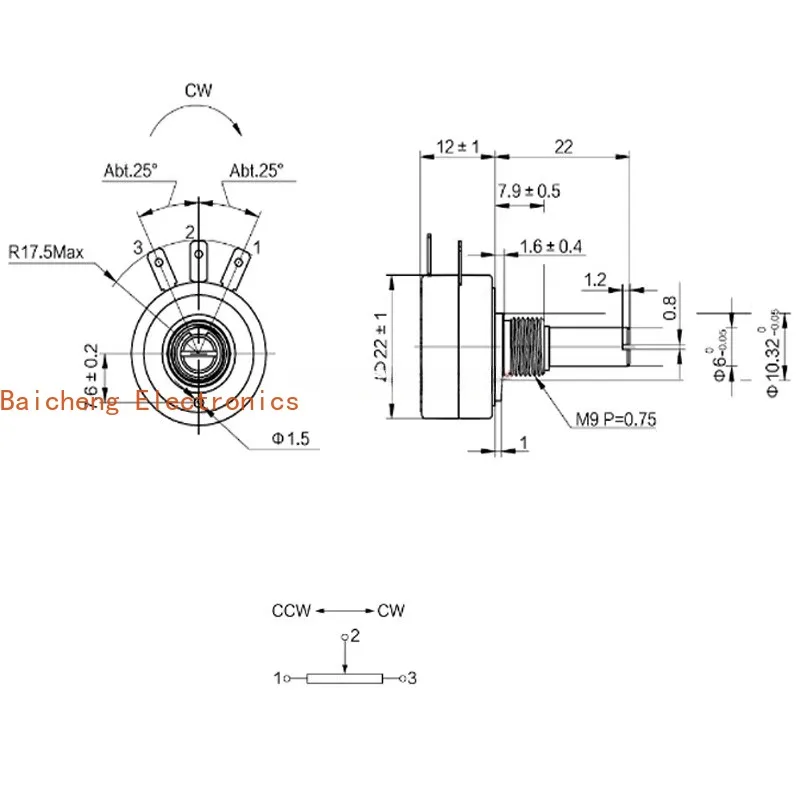2PCS CR22E single turn conductive plastic potentiometer 1K2K5K10K can replace FCP22E/WDD22P1