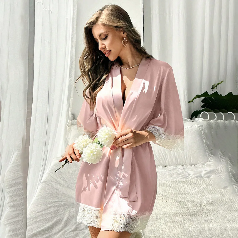 Ladies' Short-Sleeve Satin Lace Trim Kimono