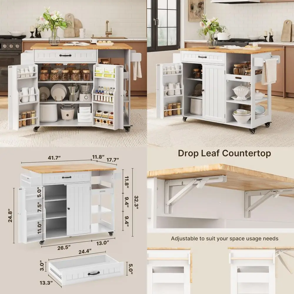 Rolling Kitchen Island with Rubberwood Top and Narrow Butcher Block Surface on Wheels for Storage