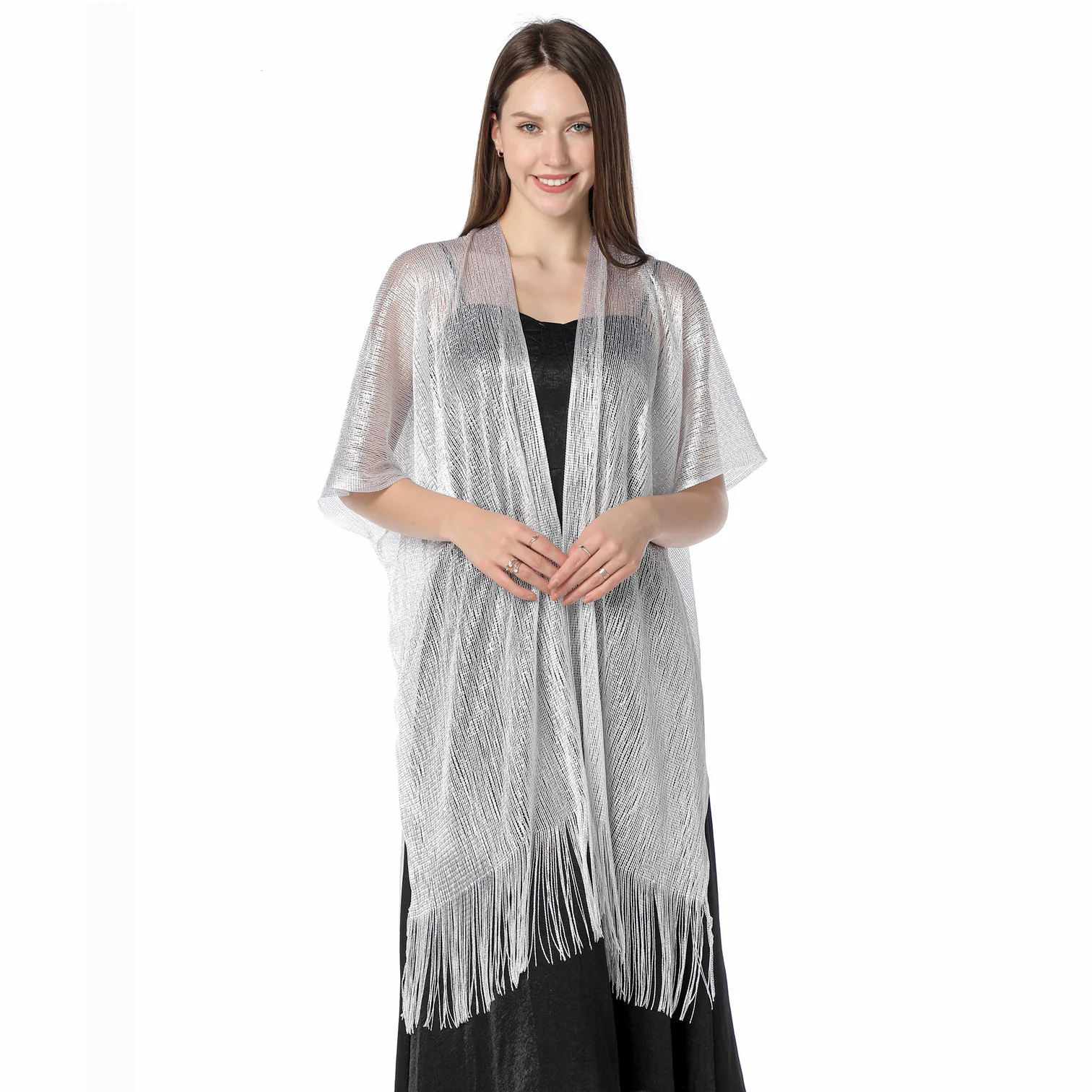 

Loose Knit Beach Summer Sunscreen Gold Silver Metal Tassel Kimono Cover