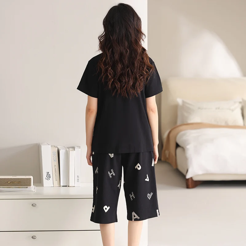 Big Size M-4XL Women Pajamas Set With Chest Pad Summer 100% Cotton Pyjamas Female Short Sleeve Floral Sleepwear image 3