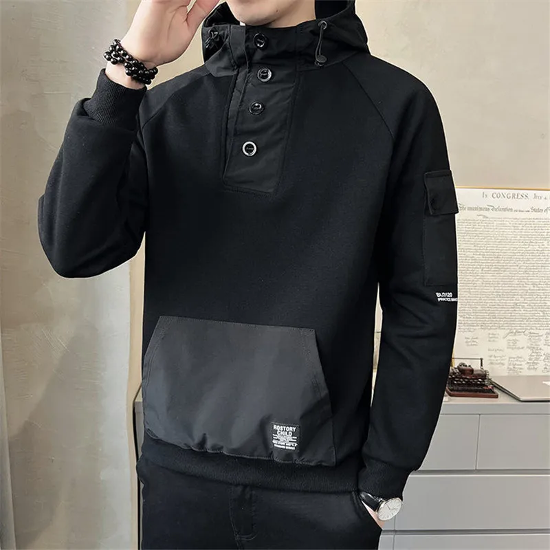 Men Techwear Spring New Button Neck Black Hoodies Korean Style Fashion Men Pocket Patchwork Hooded Tracksuit Cotton Cargo Hoodie