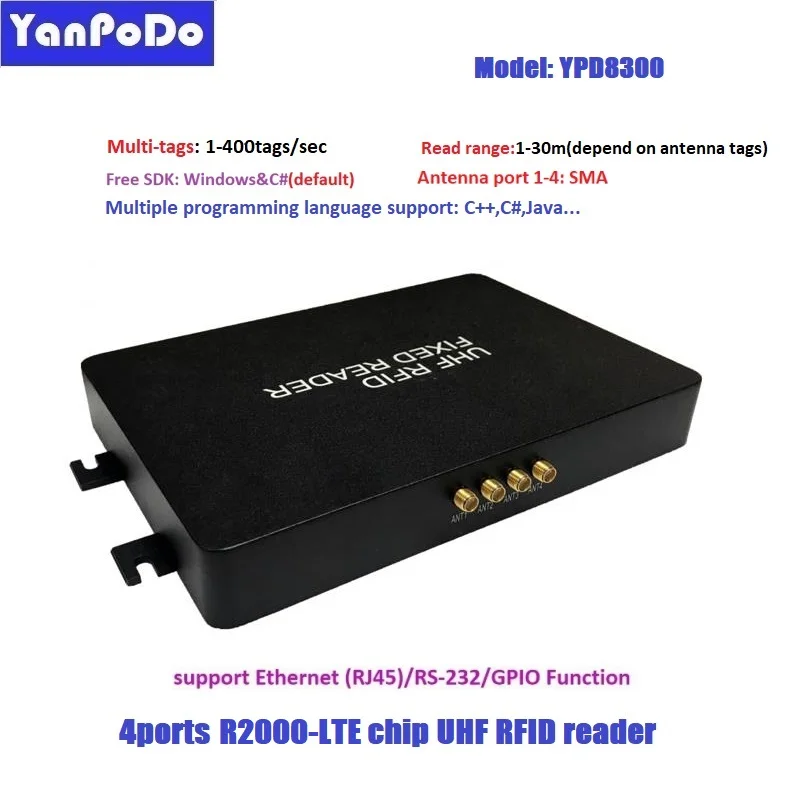 

Yanpodo long range 1-30m uhf rfid 4 ports fixed reader TCP IP similar impinj r2000 free C++ SDK asset tracking animal counting