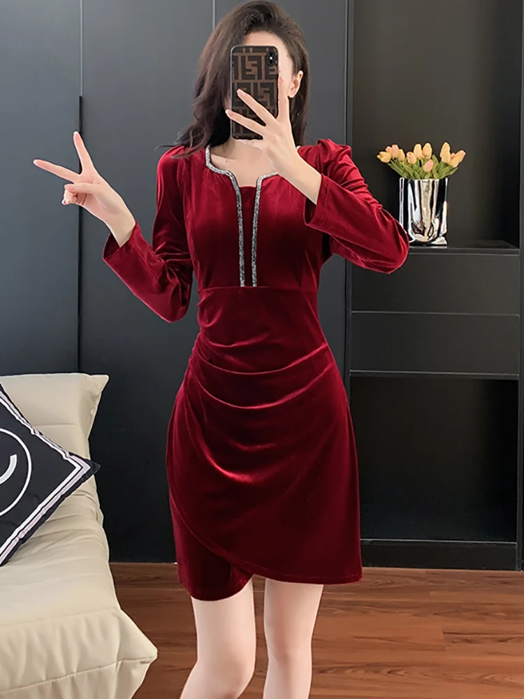 Autumn Winter Red Velvet Long Sleeve Mini Dress Women Fashion Hight Waist  A-Line Dress 2026 Korean Elegant Luxury Party Vestidos - AliExpress  200000345
