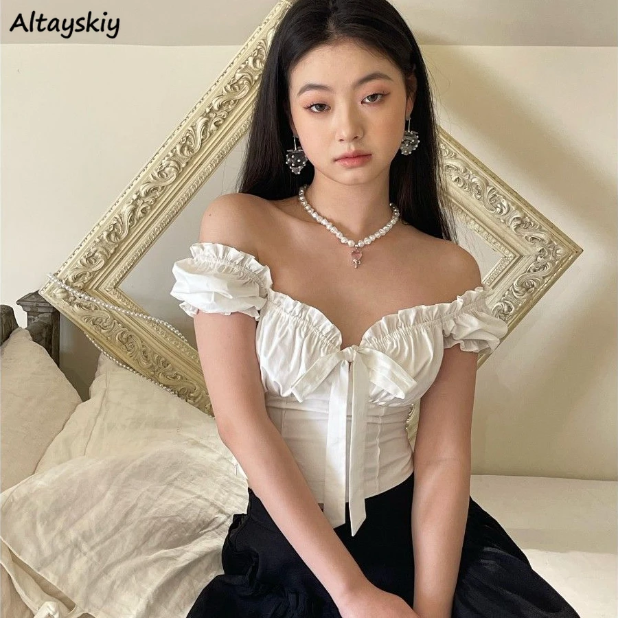 T-shirts Women Slim White Sweet Bow Ruffles Puff Sleeve French Style Elegant Sexy Summer Crop Tops Spicy Girls Ins Ulzzang BF