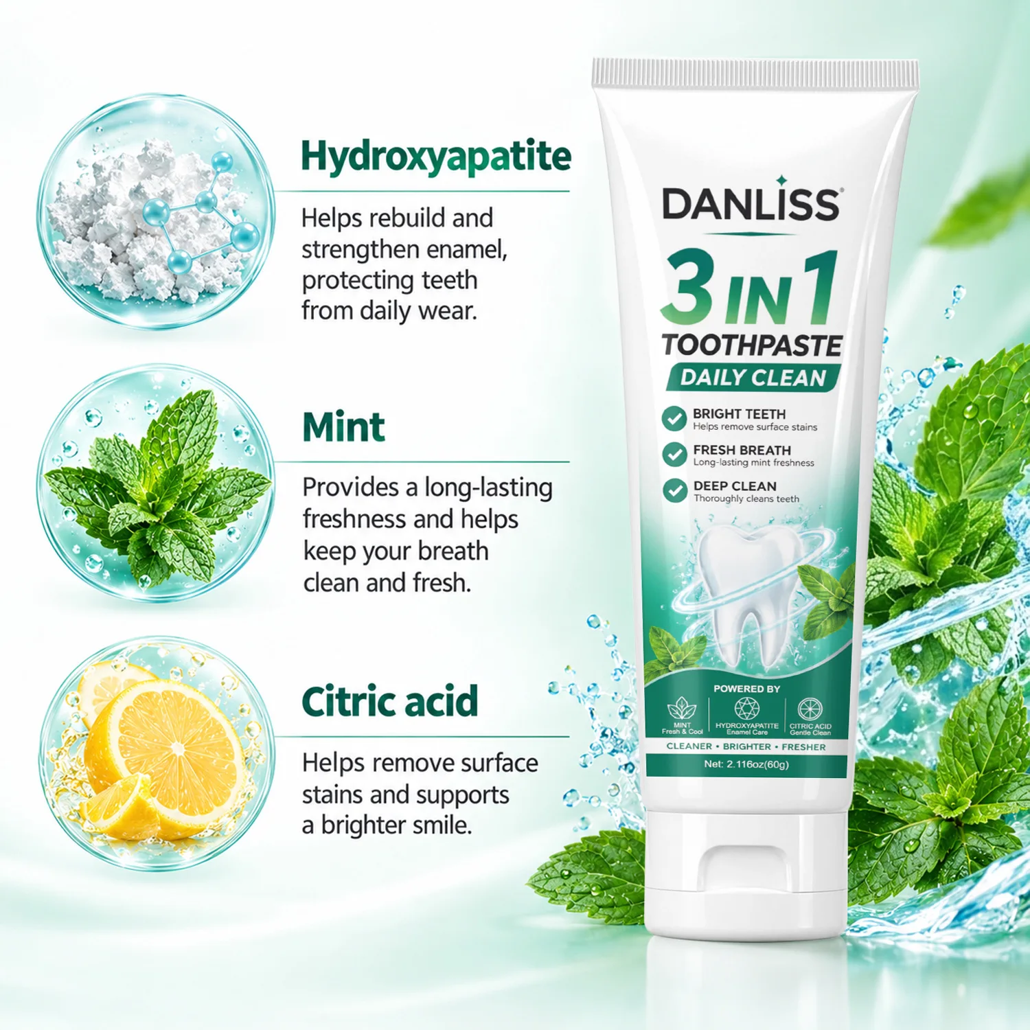 3 in 1 Toothpaste, Daily Clean, Bright Teeth, Fresh Breath, Deep Clean,Mint, Citric Acid, Rebuild and Strengthen Enamel.