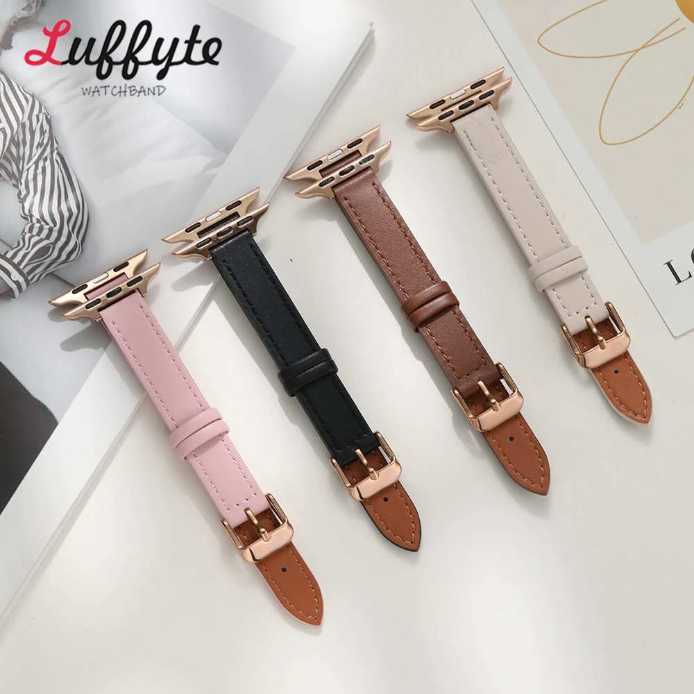 Schlankes Lederarmband für Apple Watch 1–10 Ultra SE 2, Damenarmband mit roségoldener Schnalle, 38 40 41 42 44 45 46 49 mm – Detail 5