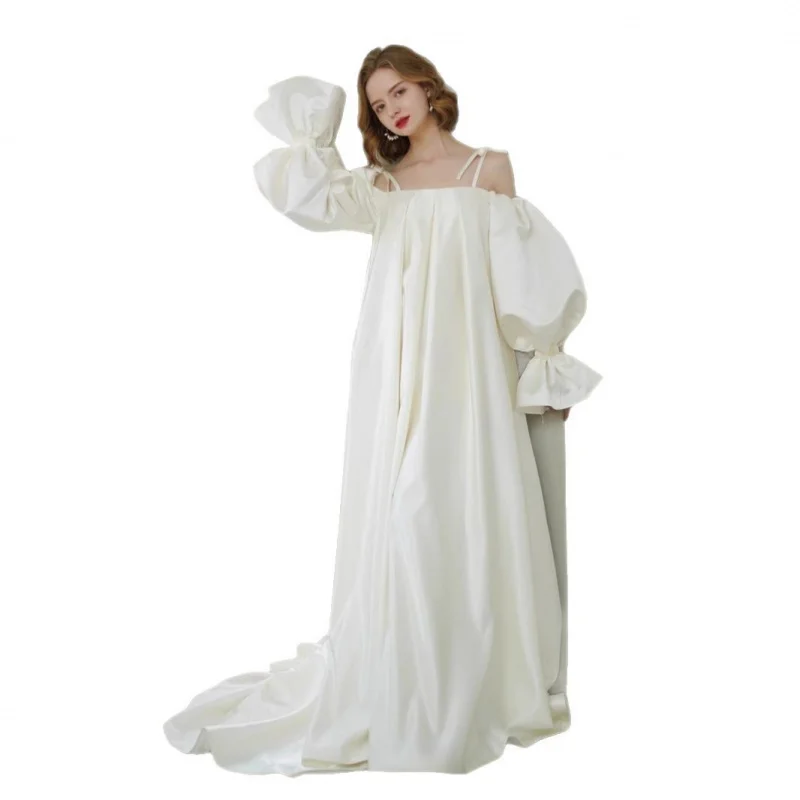 Новое потрясающее винтажное атласное свадебное платье во французском стиле с открытыми плечами и пышными рукавами, прозрачное платье в лесном стиле для путешествий