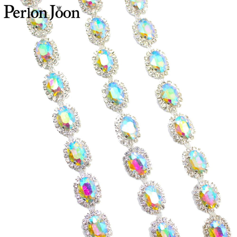 1 Yard Crystal Oval Rhinestone Trimmed Glass Silver Metallic Ribbon Women Clothing Shoes Hats Craft Decoration Accessories ML064