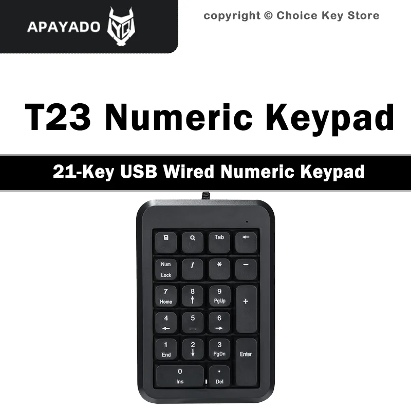 APAYADO T23 Numeric Keypad 21 Keys USB Wired Numpad for Accounting Finance Data Entry with Num Lock Multi Function Keys