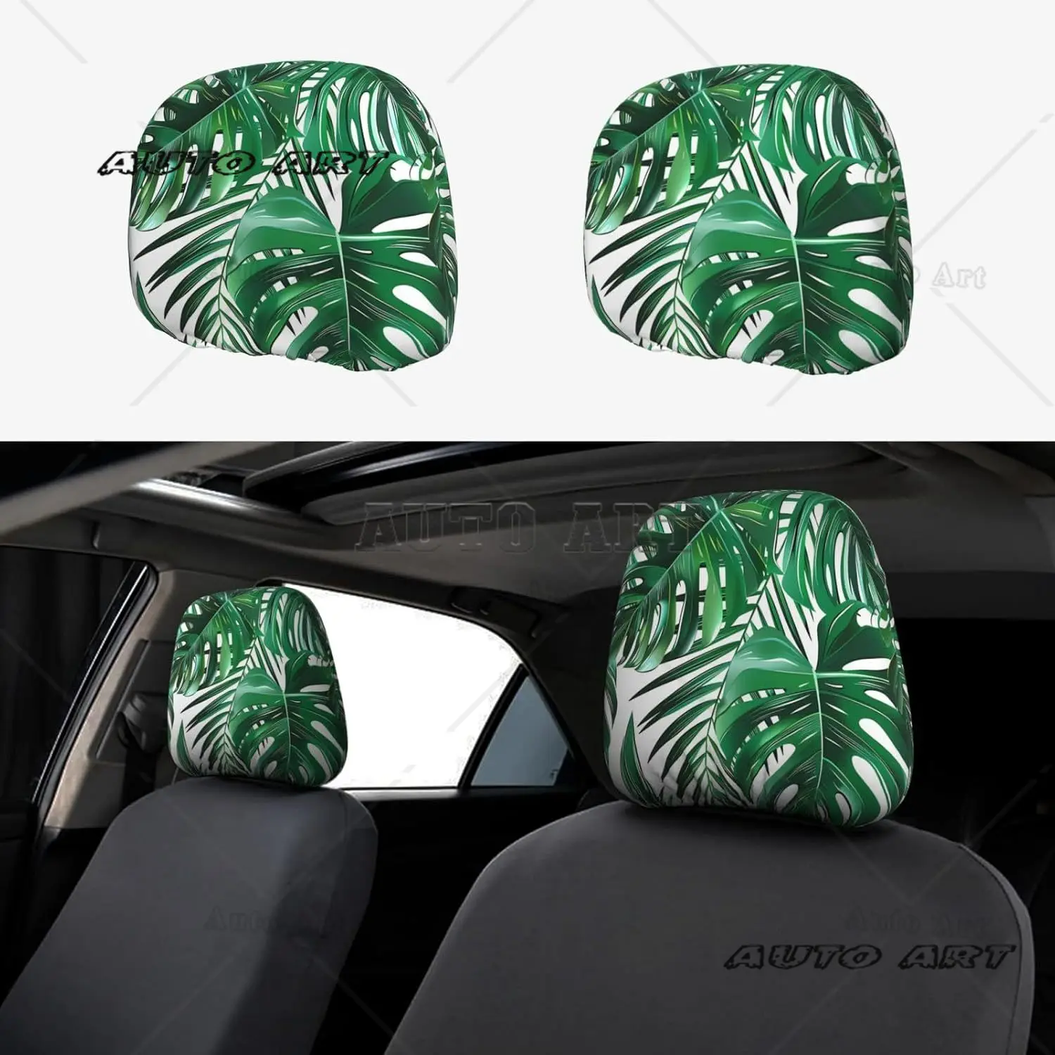 

Green Palm Leaves Car Headrest Covers Set of 2 Universal Automotive Seat Head Rest Cover Accessories for Car Truck