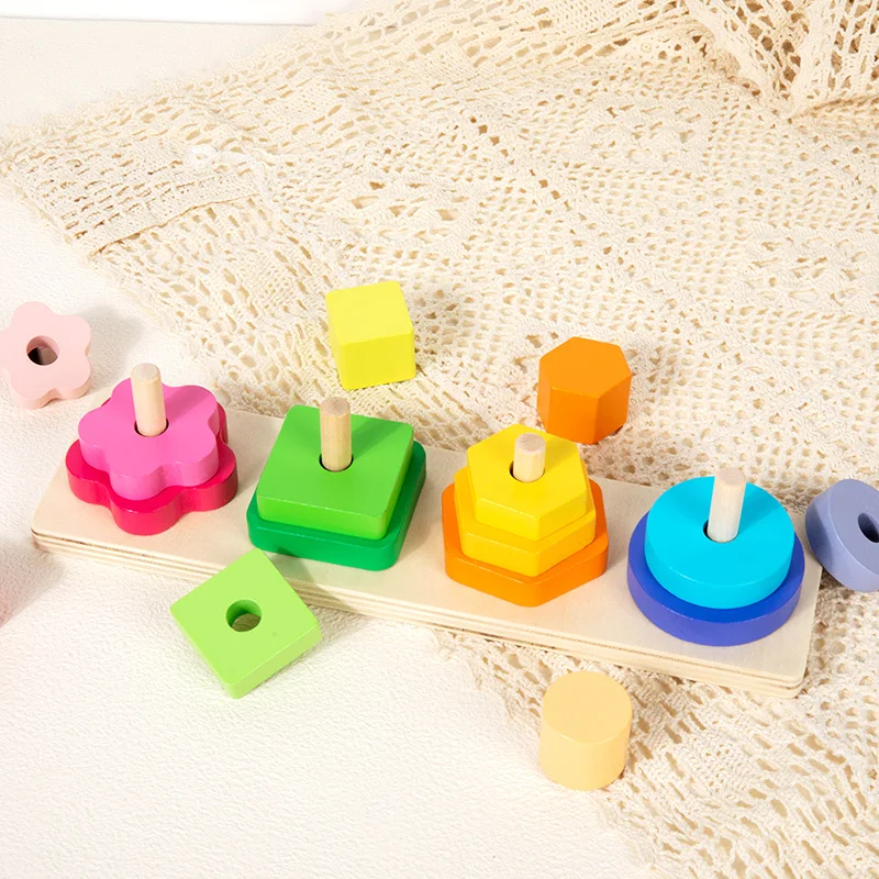 لعبة تراص خشبية لفرز الأشكال بأربعة أعمدة - مناسبة للمهارات الحركية الدقيقة للأطفال الصغار والتعرف على الشكل/اللون #1