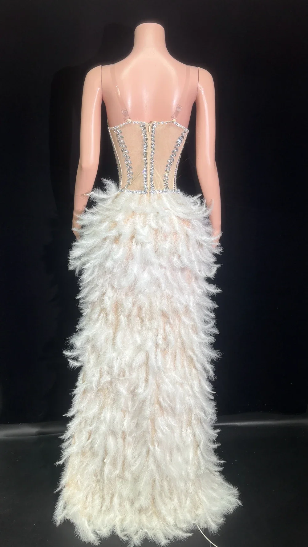 Sparkly Rhinestones SLIP ชุดบอดี้สูท Feathers หางยาวชุดผู้หญิงเซ็กซี่โปร่งใสชุดราตรีฉลองวันเกิด STAGE Wear