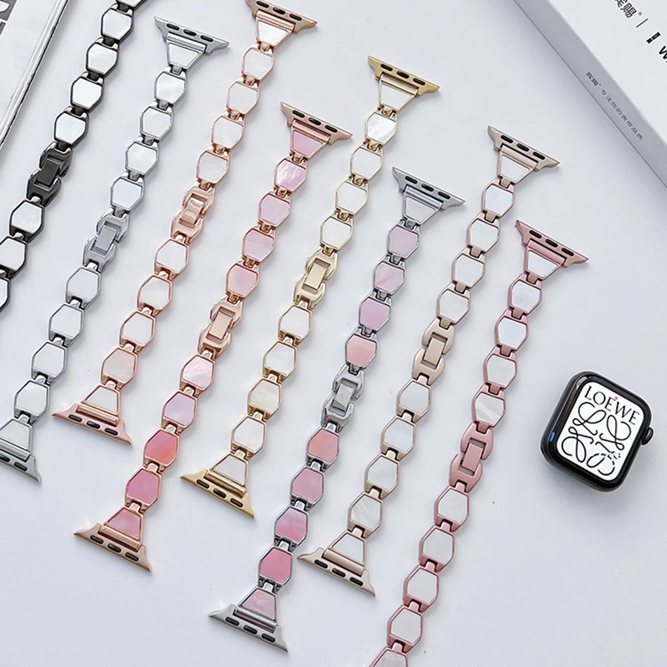 Apple Watch Ultra 49mm iWatch Series 7 8 6 SE 4 5 38/40/41mm 42/44/45mm用の高級シェル六角形メタルストラップ：ウォッチバンドブレスレット