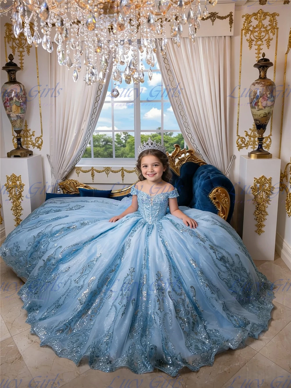 Quality Flower Girl Dress Lace Applique Sequin Pageant Dresses for Girls with Ruffles Beaded Off Shoulder Girls Ball Gowns