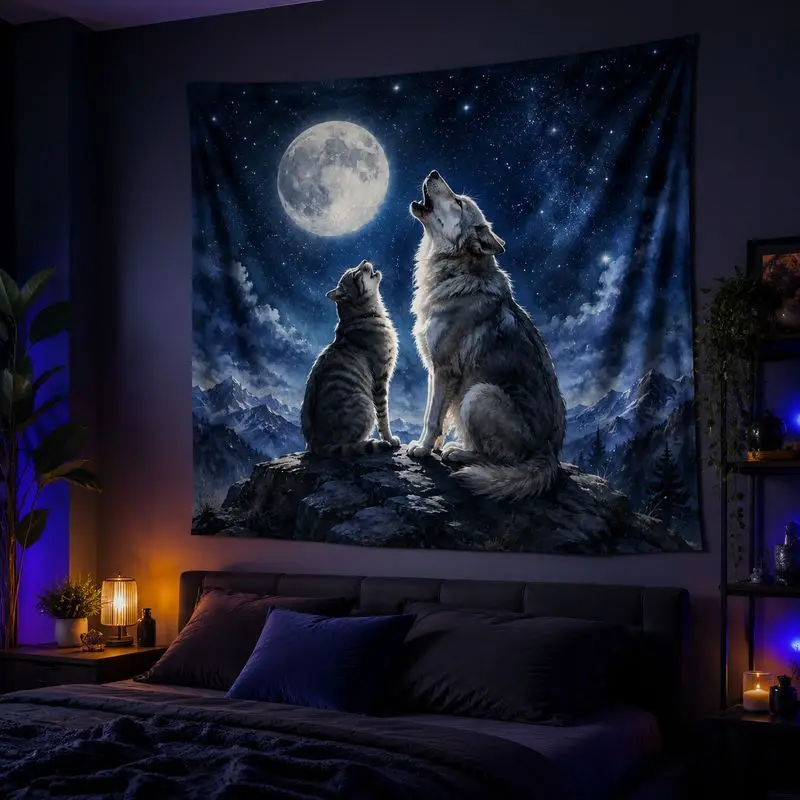 VIKAMA Wolf Dog Sunset Wall Tapestry Moon Night Landscape Wall Hanging, Wild Animal Scene Cloth for Bedroom Living Room Decor
