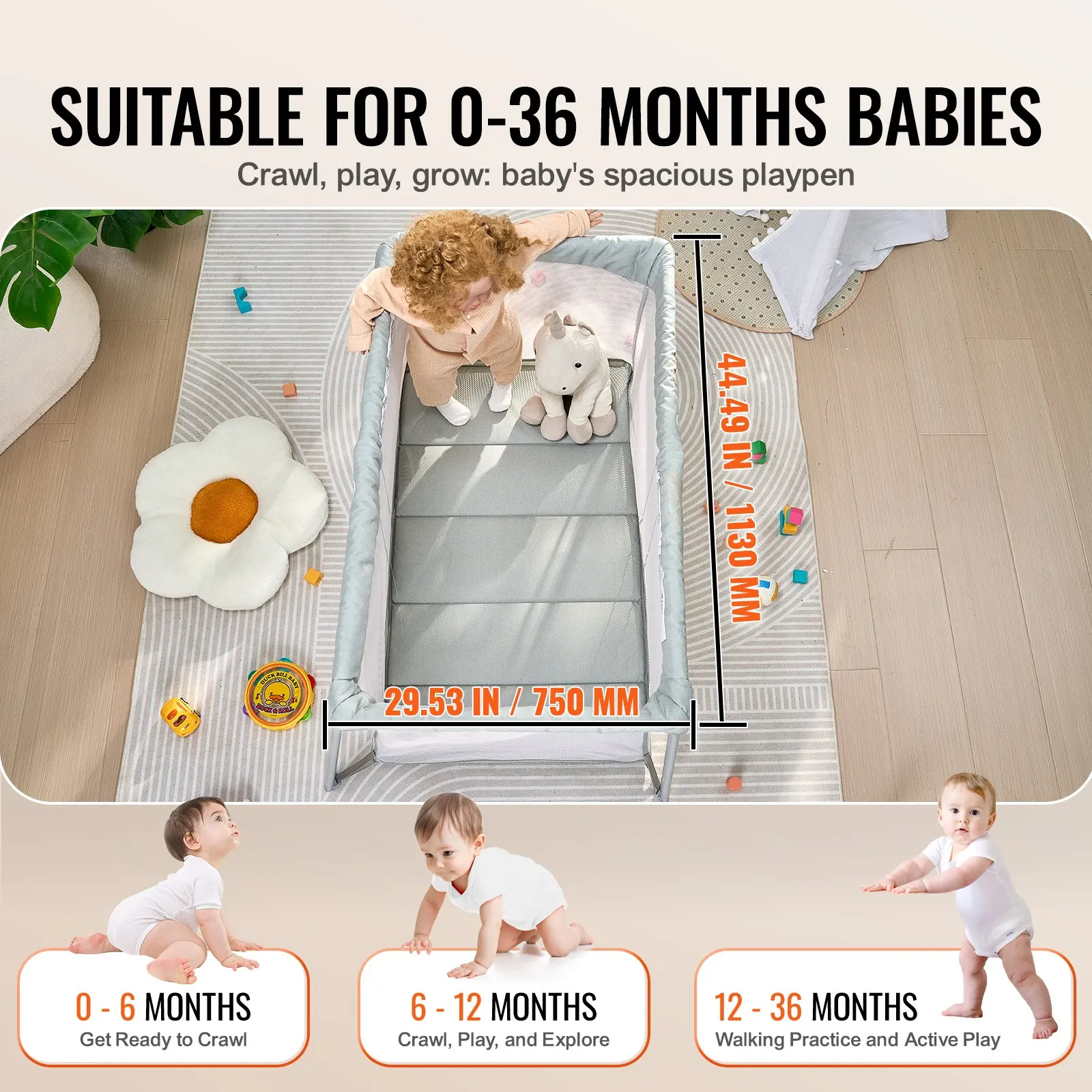 ベビー用トラベルベビーベッドとプレイヤード 折りたたみ式ベビーサークル ソフトマットレスパッド付き