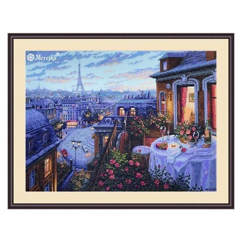 Amishop Gold Collection Counted Cross Stitch Kit Paris Evening Balcony Dinner City Dusk Beautiful View Merejka K-188