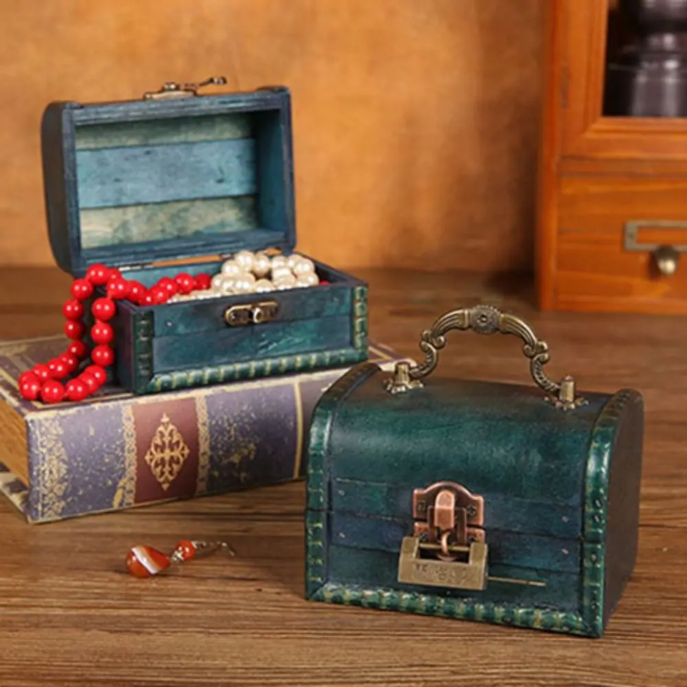 

Suitcase Wooden Antique Storage Box Portable Retro Vintage Jewelry Organizer High-capacity Multifunction Treasure Decorative Box