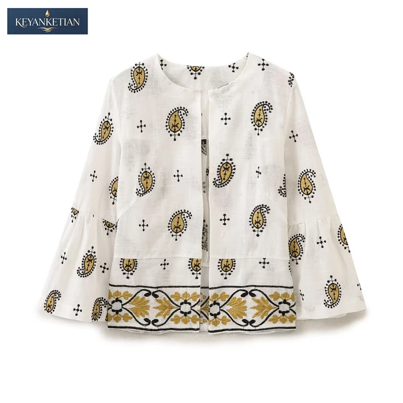 

KEYANKETIAN 2026 Ethnic Resort Linen Blend Short Cardigan Allover Paisley Embroidery & Ruffled Bell Sleeve Open Front Top