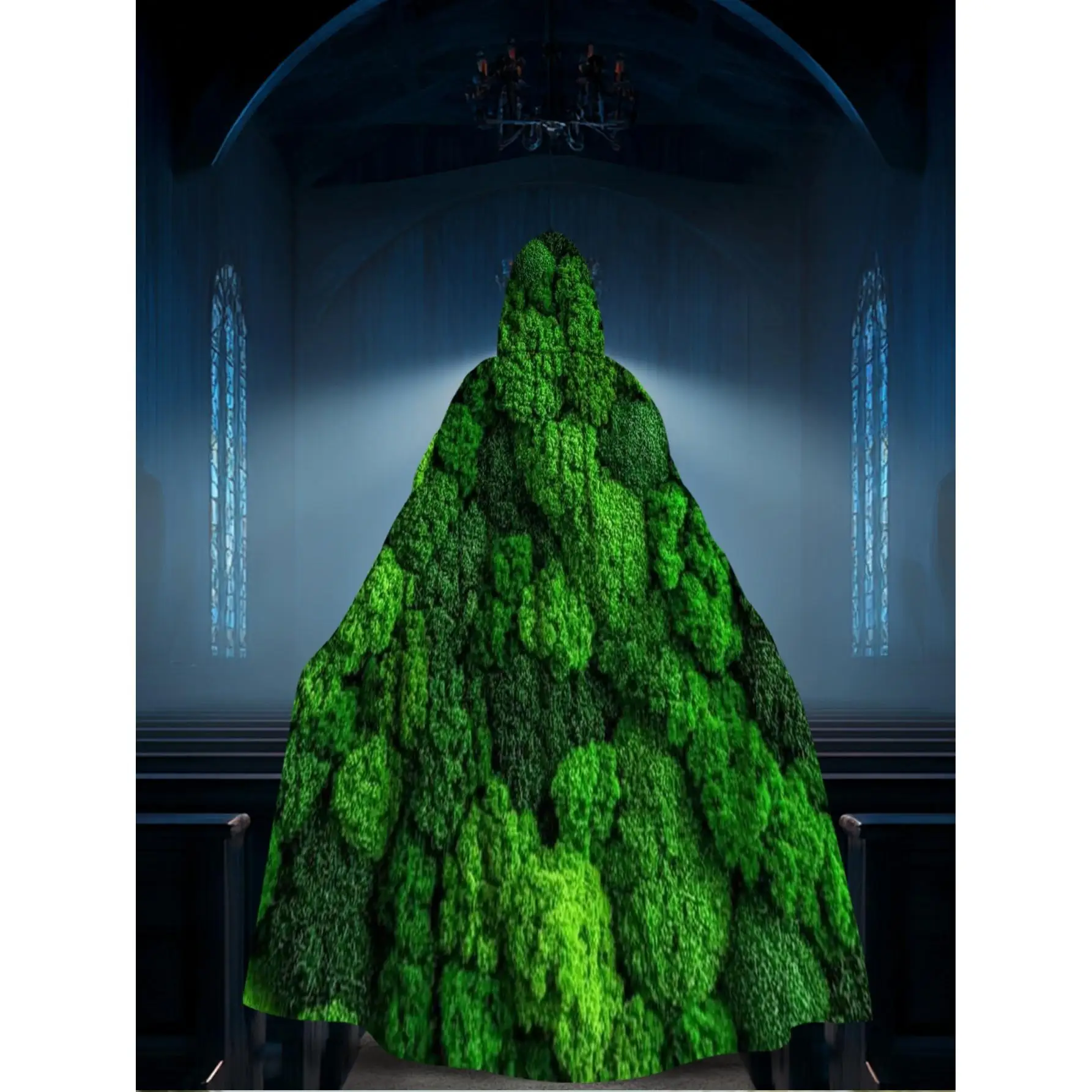 Lush Green Forest Canopy Hooded Cape Polyester Hooded Costume with Forest Print Machine Washable Suitable for Cosplay