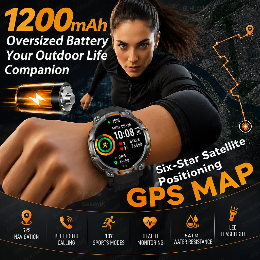 Offline Map GPS Smart Watch Men 1200mAh Battery 5ATM Waterproof Compass Altimeter 107 Sports Bluetooth Call Outdoor Smartwatch