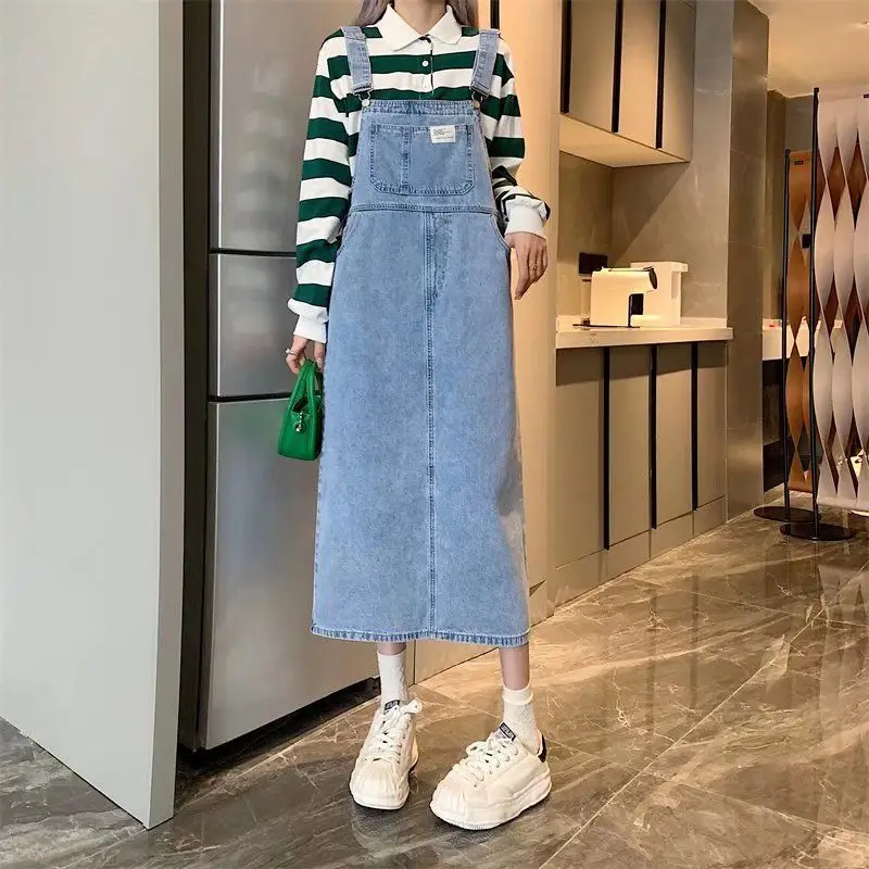 Spring Summer Jean Dress Wommen Suspenders Denim Dresses Pocket Loose Casual  Overalls Long Skirt Preppy Style Female Vestidos