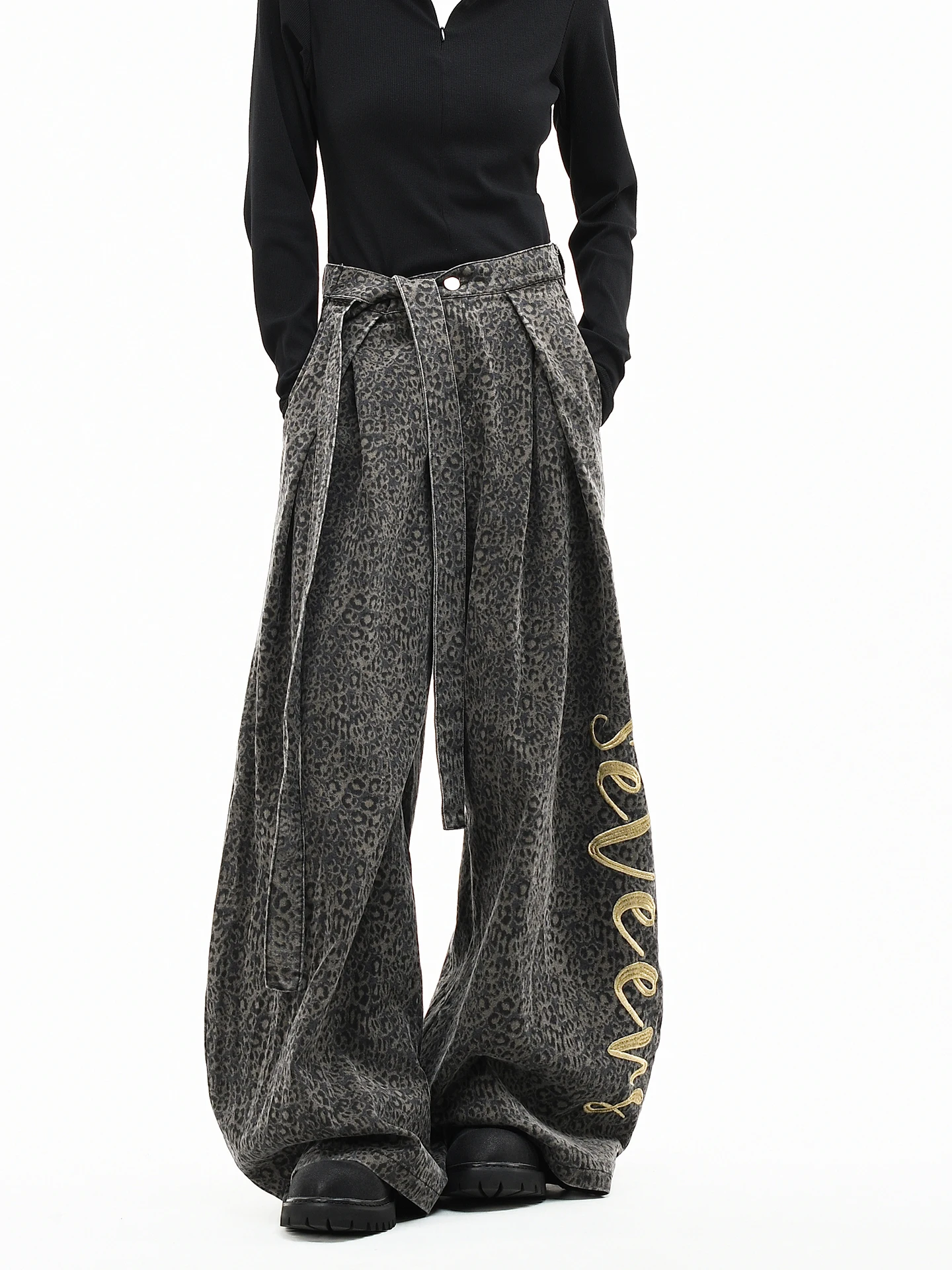 

Джинсы женские свободные с широкими штанинами, вышивкой в виде леопарда и шнурком на талии, дизайн «нож», оригинальные, американские