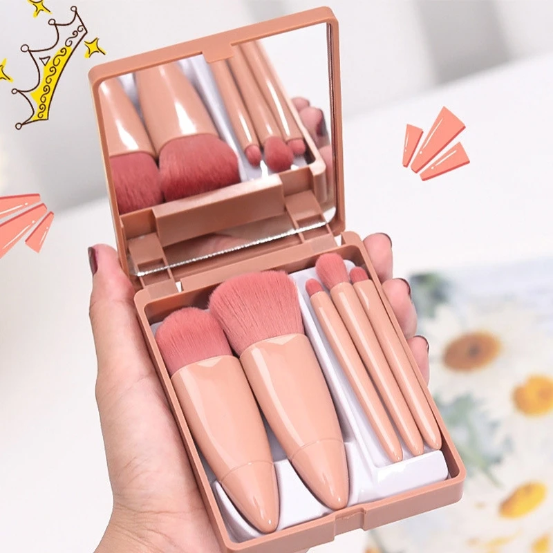 5 Stuks Make-Up Borstels Set Kleine Complete Functie Cosmetische Borstels Kit Met Case En Spiegel Draagbare Functie Cosmetische Borstel