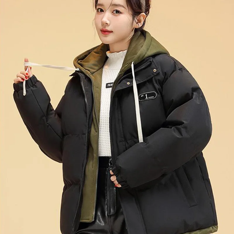 Winter New Parkas Women Korean Fashion Casual All Match Loose Fake Two Pieces Hooded Down Coats Female Thick Warm Outerwear