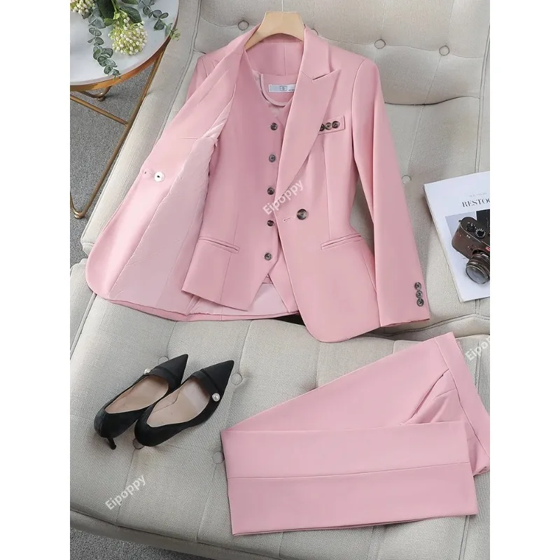 

2024 New Women Vest Blazer Jacket and Pant Suit Pink Blue Apricot Office Ladies Business Work Career Wear Formal 3 Pieces Set