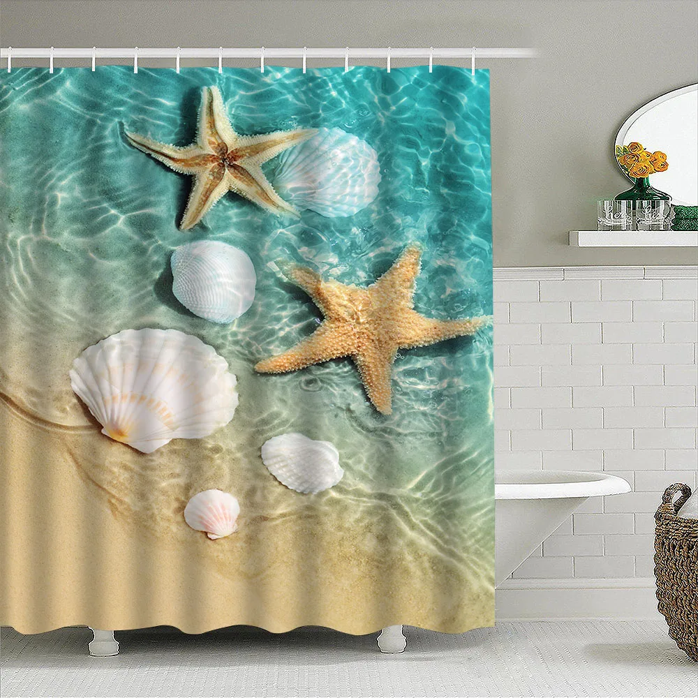 1pc Starfish Shells Shower Curtain Bathroom Partition Decorative Curtain Machine Washable Beach Print Window Privacy Curtain