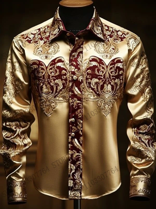 New Men's Leopard Floral Full Sleeve Shirt Golden Ethnic 3 D Print Shirt Men/Women Fashion Luxury Shirts European American Style