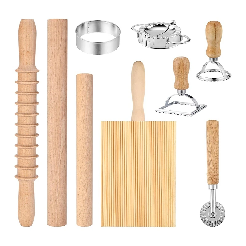 9Pcs Pasta Making Tools Set, Wooden Rolling Pin, Gnocchi Board, Ravioli Stamp Maker Cutter, Pastry Cutter Wheel