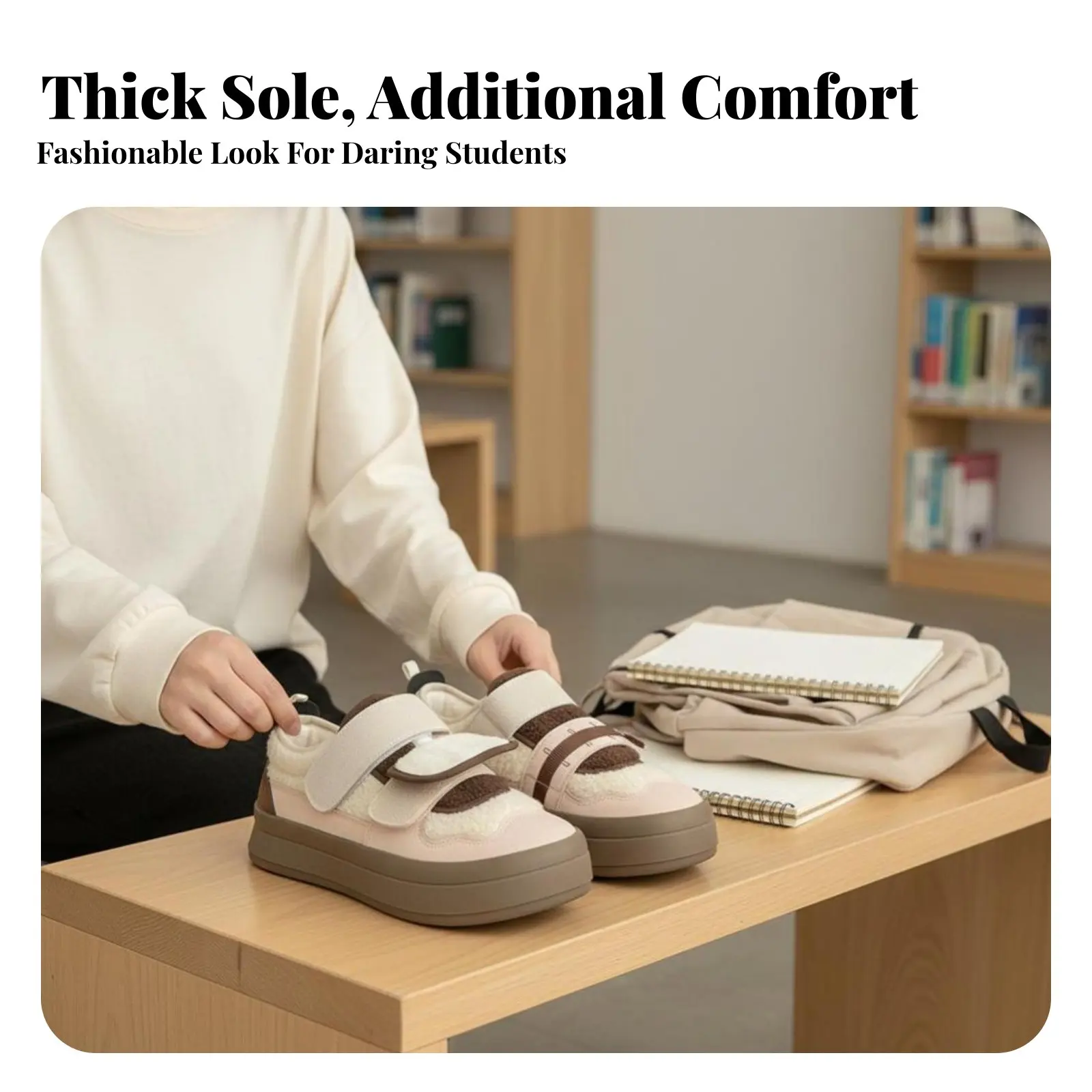 

Coral fleece-lined hook and loop sneakers, lamb wool interior, women's sporty style, chic and unique design