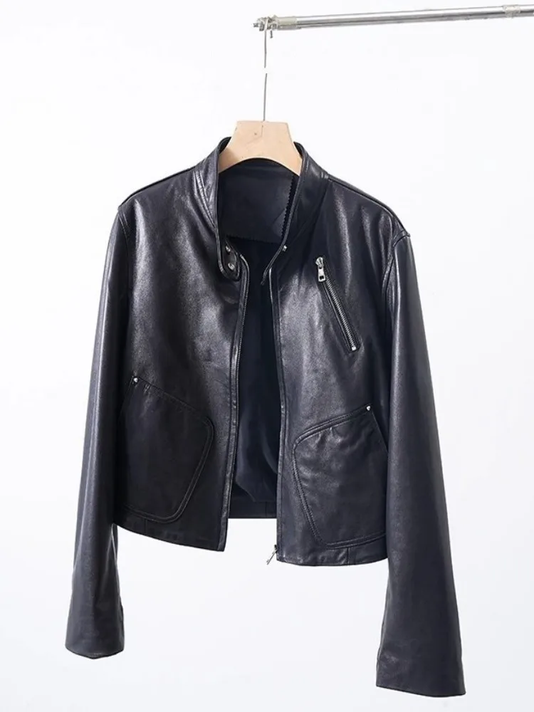 Moda donna autunno vera pelle giacca corta dritta vera pelle di pecora zip colletto alla coreana tasca manica lunga tuta sportiva vendita calda