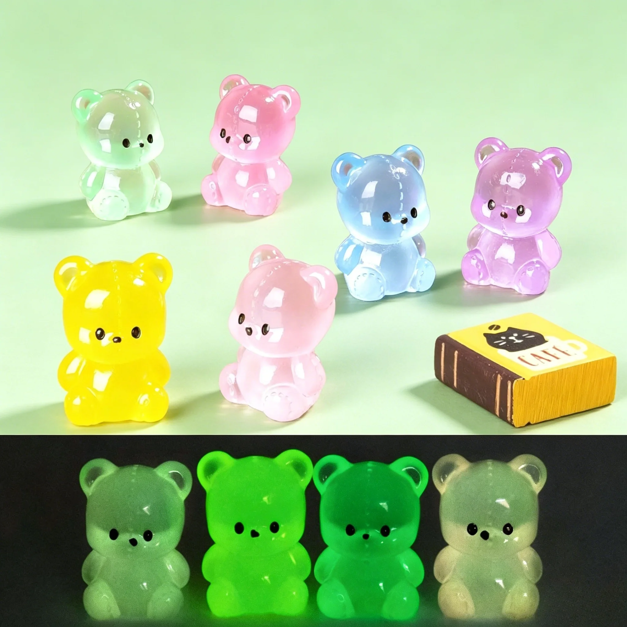 10pcs Luminous Mini Teddy Bear Resin Figurines Kawaii Crafts Micro Landscape Desktop Decor Ornaments