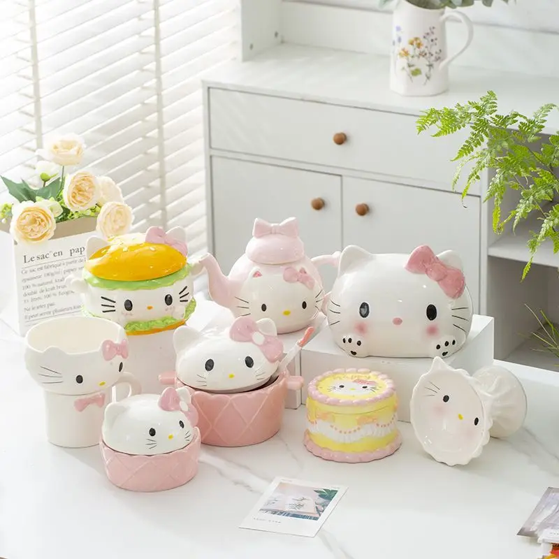 

Серия Hello Kitty, милая посуда, керамическая чаша, чайник, украшение для домашнего хранения, каваи, декоративный подарок на день рождения, оптовая продажа