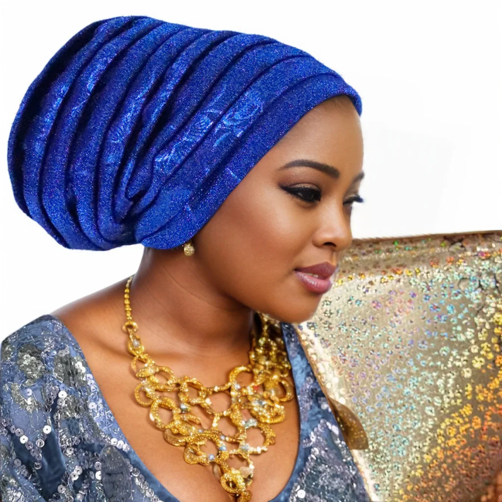 Muslim Headscarf Hat Turbante Mujer African Headpiece Glitter Full Body Pleated Turban Cap for Women 2023 Lady Head Wraps