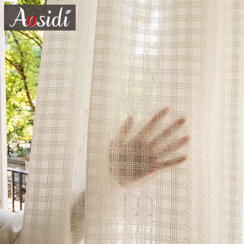 ลายสก๊อตผ้าลินินดู Voilage SHEER ผ้าม่านสําหรับห้องนั่งเล่นหน้าต่างผ้าม่าน Tulle ผ้าม่านผ้าพันคอประตู Cortinas Home Decor แรเงา