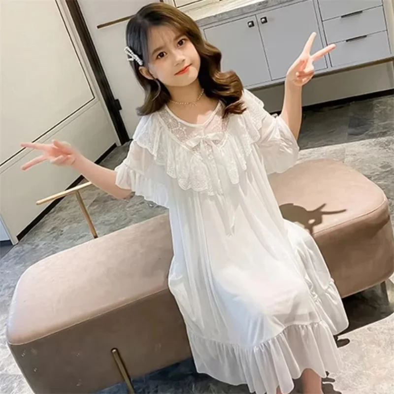 Baby Home Clothes Summer Modal Children's Nightdress Princess Style Girls Nightdress Ruffled Edge Bowknot Decoration Nightdress